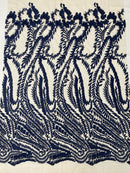 Leaf Pattern Fancy Lace Fabric - Navy Blue - Embroidered Design on Lace Mesh By Yard