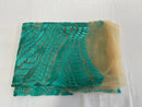 Leaf Pattern Fancy Lace Fabric - Aqua Green - Embroidered Design on Lace Mesh By Yard