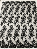 Flower Cluster Fancy Border Fabric - Black - Embroidered Flower Design on Lace Mesh By Yard