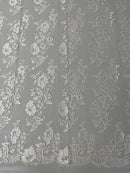 Flower Cluster Fancy Border Fabric - White - Embroidered Flower Design on Lace Mesh By Yard