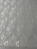 Flower Cluster Fancy Border Fabric - White - Embroidered Flower Design on Lace Mesh By Yard