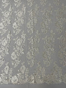 Flower Cluster Fancy Border Fabric - Off-White - Embroidered Flower Design on Lace Mesh By Yard