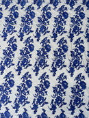 Flower Cluster Fancy Border Fabric - Royal Blue - Embroidered Flower Design on Lace Mesh By Yard