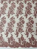 Flower Cluster Fancy Border Fabric - Dusty Rose - Embroidered Flower Design on Lace Mesh By Yard