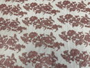 Flower Cluster Fancy Border Fabric - Dusty Rose - Embroidered Flower Design on Lace Mesh By Yard