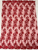 Flower Cluster Fancy Border Fabric - Red - Embroidered Flower Design on Lace Mesh By Yard