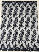 Flower Cluster Fancy Border Fabric - Navy Blue - Embroidered Flower Design on Lace Mesh By Yard