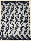 Flower Cluster Fancy Border Fabric - Navy Blue - Embroidered Flower Design on Lace Mesh By Yard