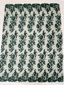 Flower Cluster Fancy Border Fabric - Hunter Green - Embroidered Flower Design on Lace Mesh By Yard