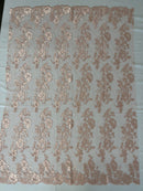 Flower Cluster Fancy Border Fabric - Blush Pink - Embroidered Flower Design on Lace Mesh By Yard