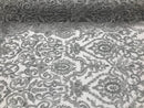 Silver Beaded Fabric 3D Damask Design Embroidered 3D Pattern Design Fabric on Mesh Sold By The Yard