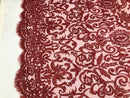 Burgundy Beaded Fabric 3D Damask Design Embroidered 3D Pattern Design Fabric on Mesh By The Yard