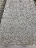 Bridal Lace Hand Beaded Embroidered Floral Fabric - by the yard - Wedding Beaded Fabric