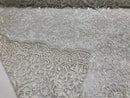 White Beaded Fabric 3D Damask Design Embroidered 3D Pattern Design Fabric on Mesh Sold By The Yard