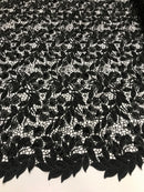 Guipure 3D Lace Fabric - Black - Embroidered 3D Flower with Bead Lace Fabric Sold By The Yard