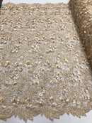 Guipure 3D Lace Fabric - Light Gold - Embroidered 3D Flower with Bead Lace Fabric Sold By The Yard