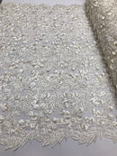 Guipure 3D Lace Fabric - Ivory - Embroidered 3D Flower with Bead Lace Fabric Sold By The Yard