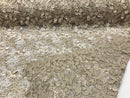 Guipure 3D Lace Fabric - Champagne - Embroidered 3D Flower with Bead Lace Fabric Sold By The Yard
