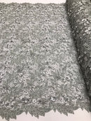 Guipure 3D Lace Fabric - Silver - Embroidered 3D Flower with Bead Lace Fabric Sold By The Yard