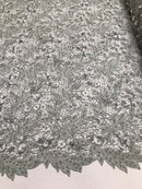 Guipure 3D Lace Fabric - Silver - Embroidered 3D Flower with Bead Lace Fabric Sold By The Yard