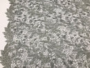 Guipure 3D Lace Fabric - Silver - Embroidered 3D Flower with Bead Lace Fabric Sold By The Yard