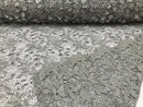 Guipure 3D Lace Fabric - Silver - Embroidered 3D Flower with Bead Lace Fabric Sold By The Yard