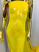 Fringe Sequins - Iridescent Yellow - Dangle 4 Way Stretch Fancy Sequins Fabric Sold By The Yard