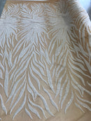 Phoenix Feather Sequins - White -  4 Way Stretch Phoenix Pattern Top Fashion Design Fabric