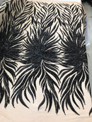 Phoenix Feather Sequins - Black-  4 Way Stretch Phoenix Pattern Top Fashion Design Fabric