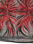 Phoenix Feather Sequins - Red/ Black -  4 Way Stretch Phoenix Pattern Top Fashion Design Fabric