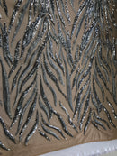Phoenix Feather Sequins - Silver -  4 Way Stretch Phoenix Pattern Top Fashion Design Fabric
