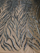 Phoenix Feather Sequins - Silver -  4 Way Stretch Phoenix Pattern Top Fashion Design Fabric