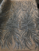 Phoenix Feather Sequins - Silver -  4 Way Stretch Phoenix Pattern Top Fashion Design Fabric