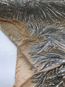 Phoenix Feather Sequins - Silver -  4 Way Stretch Phoenix Pattern Top Fashion Design Fabric