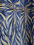 Phoenix Feather Sequins - Royal Blue / Gold 4 Way Stretch Phoenix Pattern Top Fashion Design Fabric