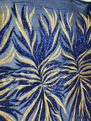 Phoenix Feather Sequins - Royal Blue / Gold 4 Way Stretch Phoenix Pattern Top Fashion Design Fabric