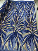 Phoenix Feather Sequins - Royal Blue / Gold 4 Way Stretch Phoenix Pattern Top Fashion Design Fabric