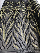 Phoenix Feather Sequins - Light Gold / Black 4 Way Stretch Phoenix Pattern Top Fashion Design Fabric