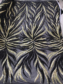 Phoenix Feather Sequins - Light Gold / Black 4 Way Stretch Phoenix Pattern Top Fashion Design Fabric
