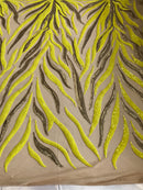 Phoenix Feather Sequins - Yellow / Matte Gold - 4 Way Stretch Phoenix Pattern  Fashion Design Fabric
