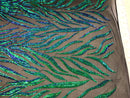 Phoenix Feather Sequins - Jade Blue / Green - 4 Way Stretch Phoenix Pattern Fashion Design Fabric