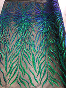 Phoenix Feather Sequins - Jade Blue / Green - 4 Way Stretch Phoenix Pattern Fashion Design Fabric