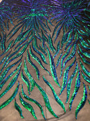Phoenix Feather Sequins - Jade Blue / Green - 4 Way Stretch Phoenix Pattern Fashion Design Fabric