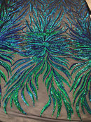 Phoenix Feather Sequins - Jade Blue / Green - 4 Way Stretch Phoenix Pattern Fashion Design Fabric