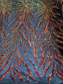 Phoenix Feather Sequins - Iridescent Orange - 4 Way Stretch Phoenix Pattern Fashion Design Fabric