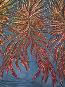 Phoenix Feather Sequins - Iridescent Orange - 4 Way Stretch Phoenix Pattern Fashion Design Fabric