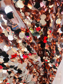 Circle Sequins -  Iridescent Rose Gold - Multi-Color Big Sequins On Mesh Fabric Sold By The Yard
