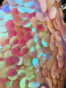 Circle Sequins - Iridescent Peach - Multi-Color Big Sequins On Mesh Fabric Sold By The Yard
