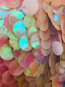 Circle Sequins - Iridescent Peach - Multi-Color Big Sequins On Mesh Fabric Sold By The Yard