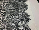 Silver - 4 Way Stretch Embroidered Royalty Sequins Fancy Design Fabric By Yard